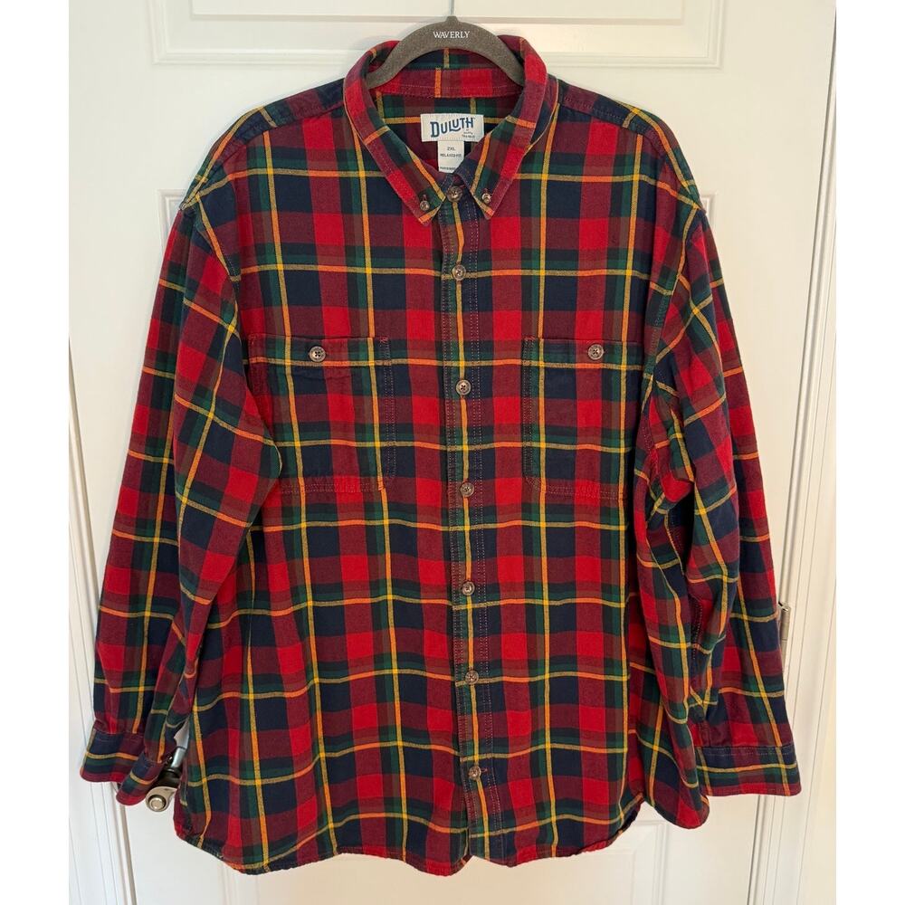 Duluth Trading Co Flannel Shirt Men’s 2XL Relaxed Fit Red Plaid 100% Cotton
